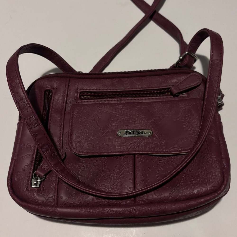 MultiSac Burgundy Embossed Floral Crossbody Bag Purse with Zipper Pockets